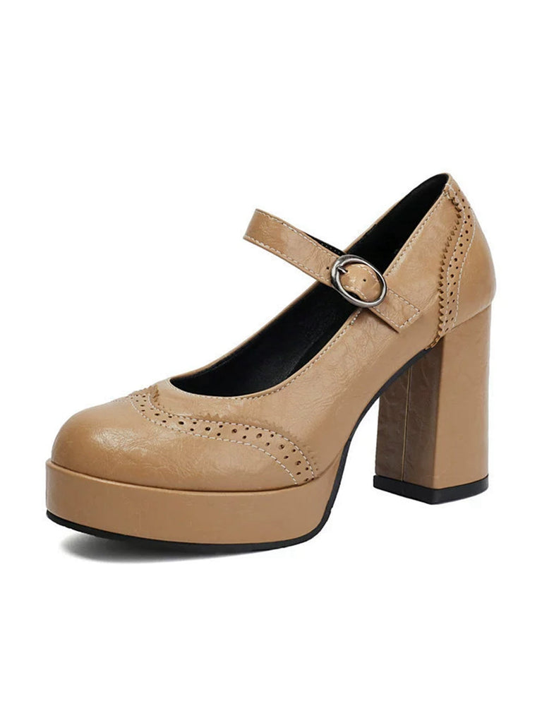Vintage Solid Round Toe Buckle Chunky Heels - vintage shoes, retro heels