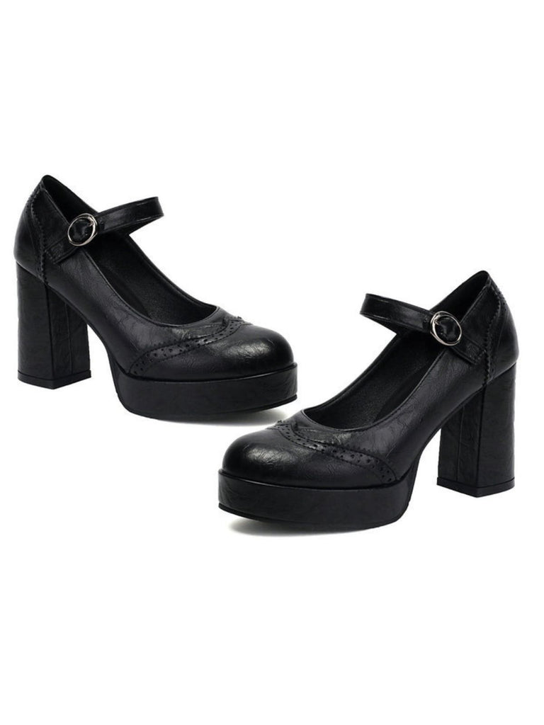 Vintage Solid Round Toe Buckle Chunky Heels - vintage shoes, retro heels