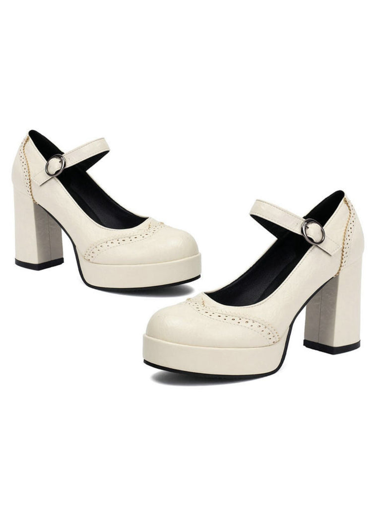 Vintage Solid Round Toe Buckle Chunky Heels - vintage shoes, retro heels