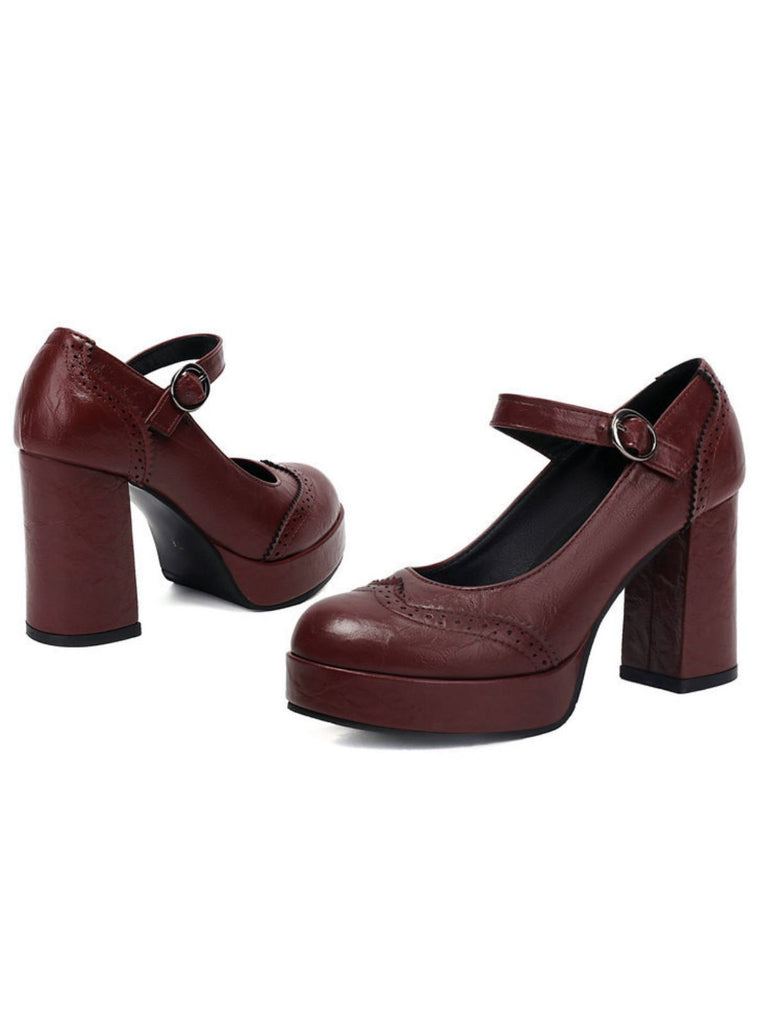Vintage Solid Round Toe Buckle Chunky Heels - vintage shoes, retro heels