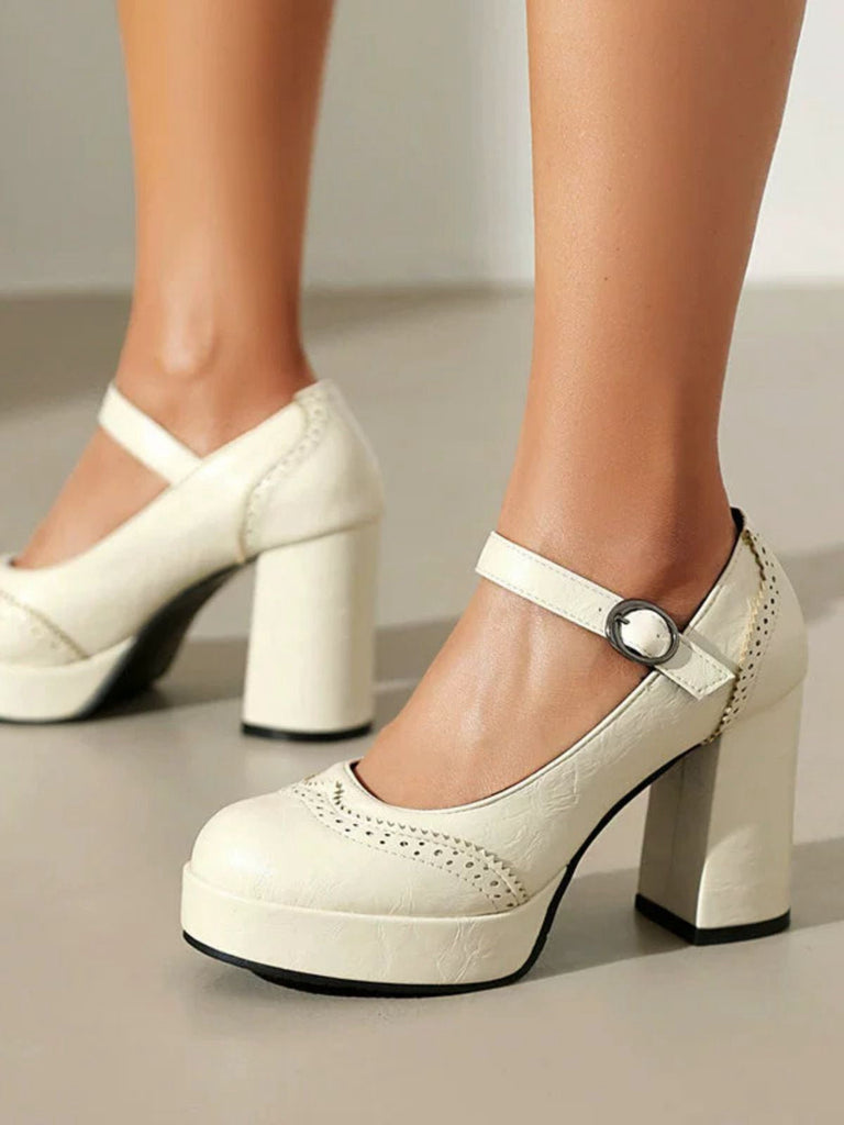 She finds her 1950s story in this Vintage Solid Round Toe Buckle Chunky Heels