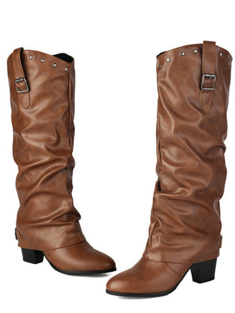 Vintage Studded Buckle Mid-Calf Boots - vintage fashion, retro style