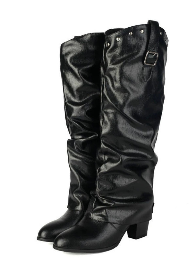 Vintage Studded Buckle Mid-Calf Boots - vintage fashion, retro style