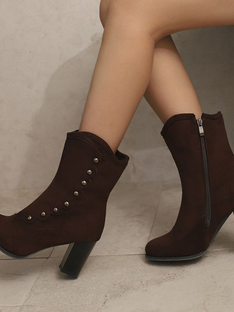 Vintage Suede Faux Fur Lining Studded Mid-Calf Boots - vintage fashion, retro style