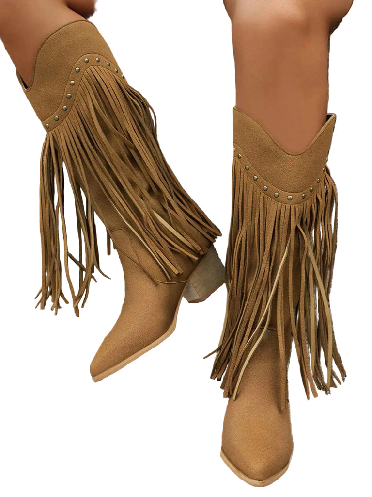 Vintage Tassel Chunky High-heeled Boots - vintage shoes, retro heels