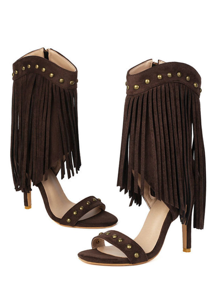 Vintage Tassel Studded Stiletto Boots - vintage fashion, retro style