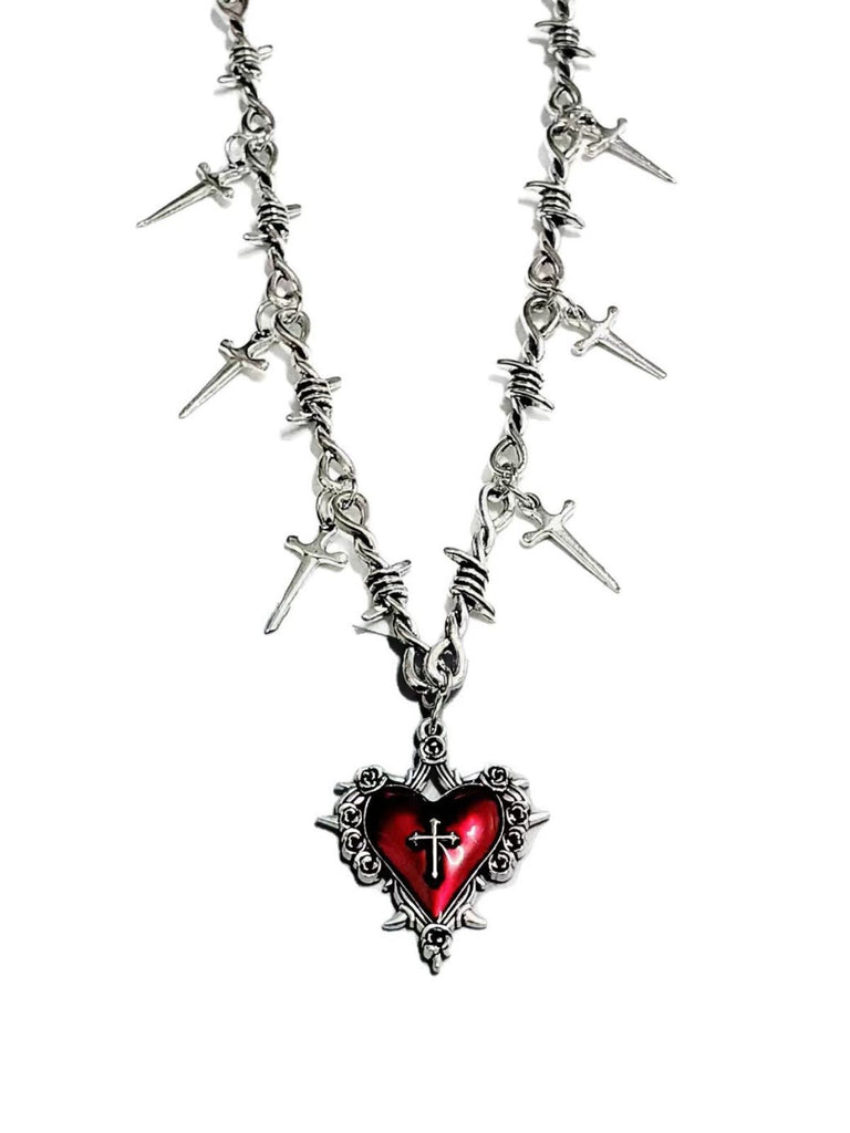 Vintage Wine Red Heart Cross Necklace - vintage fashion, retro style, elegant red