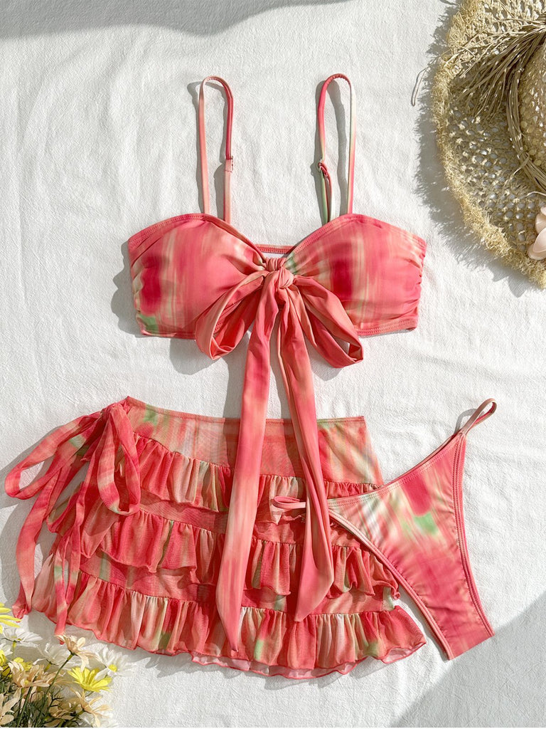 3PCS Watermelon Red 1960s Bikini Set & Tiered Ruffle Cover-up - vintage swimsuit, pin-up swimwear for vintage lovers