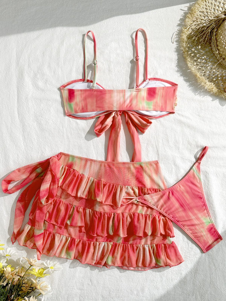 3PCS Watermelon Red 1960s Bikini Set & Tiered Ruffle Cover-up - vintage swimsuit, pin-up swimwear for vintage lovers
