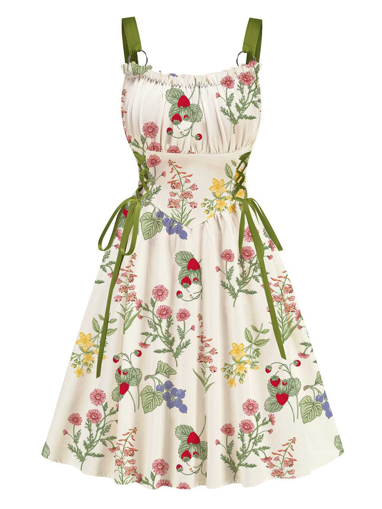 1950s Strap Floral Lace-Up Corset Dress