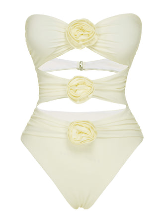 White 1930S 3D Flowers Hollow Bandeau Swimsuit, vintage swimsuit, pin-up swimwear - perfect for women who love vintage and retro fashion