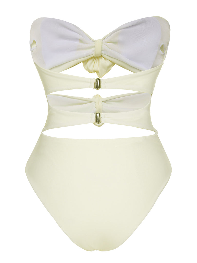 White 1930S 3D Flowers Hollow Bandeau Swimsuit, vintage swimsuit, pin-up swimwear - perfect for women who love vintage and retro fashion