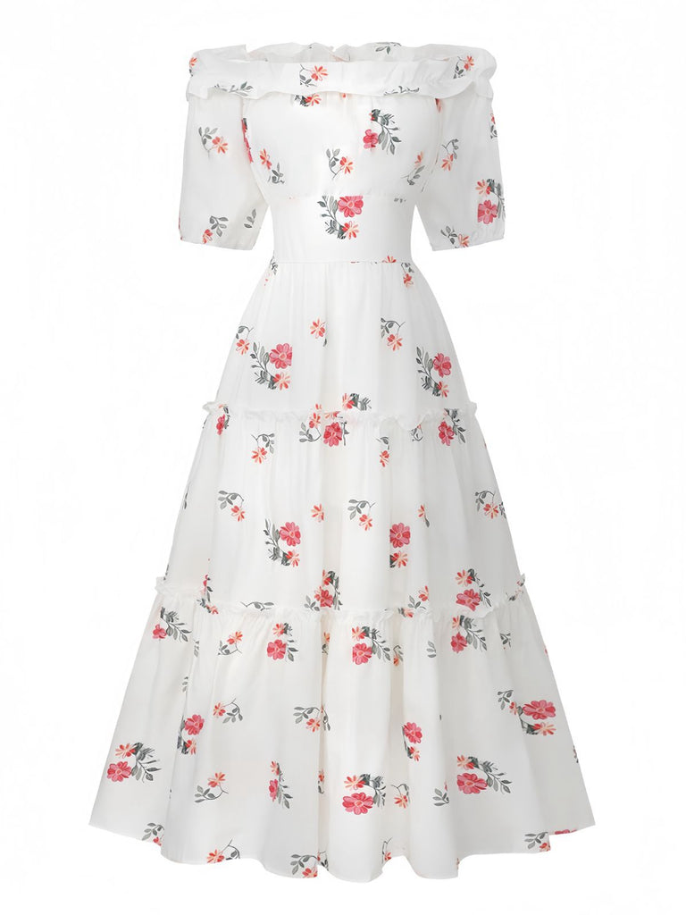 White 1930s Floral Ruffled Off-Shoulder Puff Dress - vintage dress, retro fashion, pure white