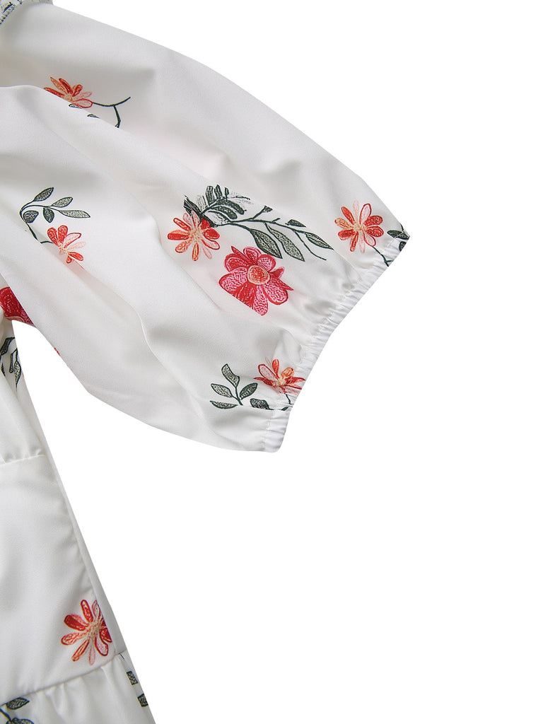 White 1930s Floral Ruffled Off-Shoulder Puff Dress - vintage dress, retro fashion, pure white