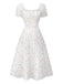 White 1930s Floral Square Neck Puff Sleeve Dress - vintage dress, retro fashion, pure white
