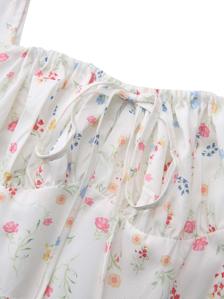 White 1930s Floral Square Neck Puff Sleeve Dress - vintage dress, retro fashion, pure white