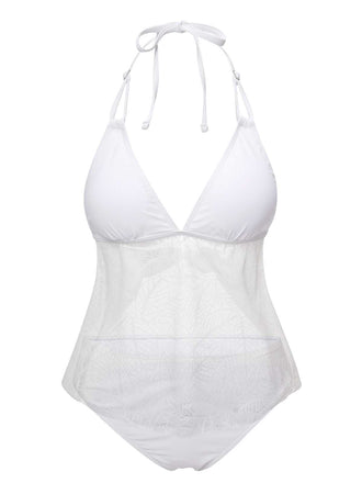 She's wearing White 1930s Halter Backless Solid Swimsuit and the whole beach remembers the 1930s