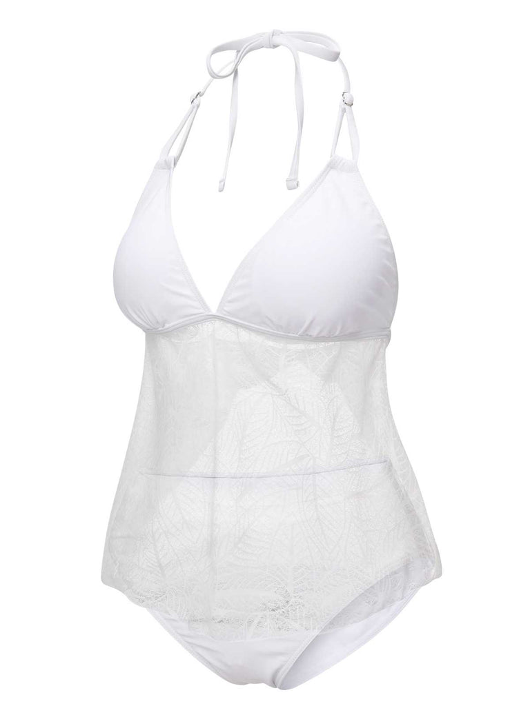 White 1930s Halter Backless Solid Swimsuit: 1930s Riviera elegance, reimagined for her