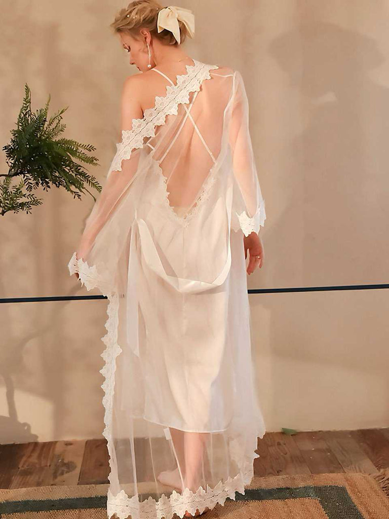 White 1930s Sheer Mesh Lace Nightdress Set - vintage dress, retro fashion, pure white
