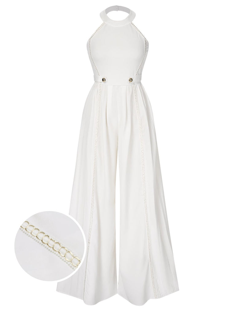 White 1930s Solid Chain Embellished Halter Jumpsuit, vintage romper, retro jumpsuit - perfect for women who love vintage and retro fashion