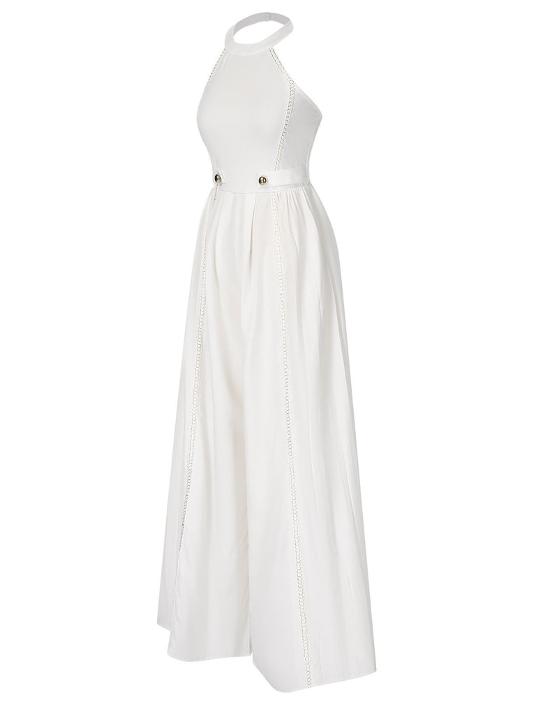 White 1930s Solid Chain Embellished Halter Jumpsuit, vintage romper, retro jumpsuit - perfect for women who love vintage and retro fashion