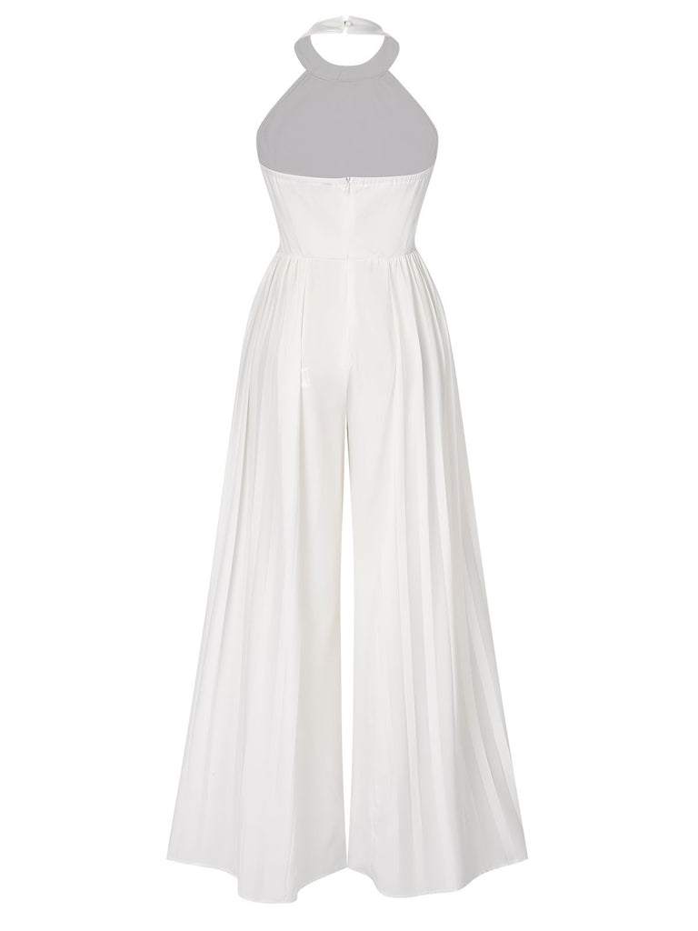 White 1930s Solid Chain Embellished Halter Jumpsuit, vintage romper, retro jumpsuit - perfect for women who love vintage and retro fashion