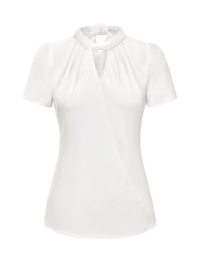 She pairs this 2PCS 1930s White Satin Blouse & Gray Pinstripes Pants with confidence and 1930s charm