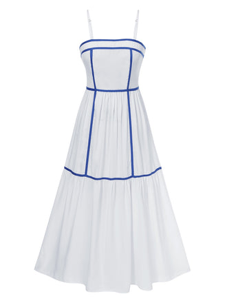 She slips into this White 1930s Spaghetti Straps Blue Lines Dress and suddenly it's a 1930s daydream