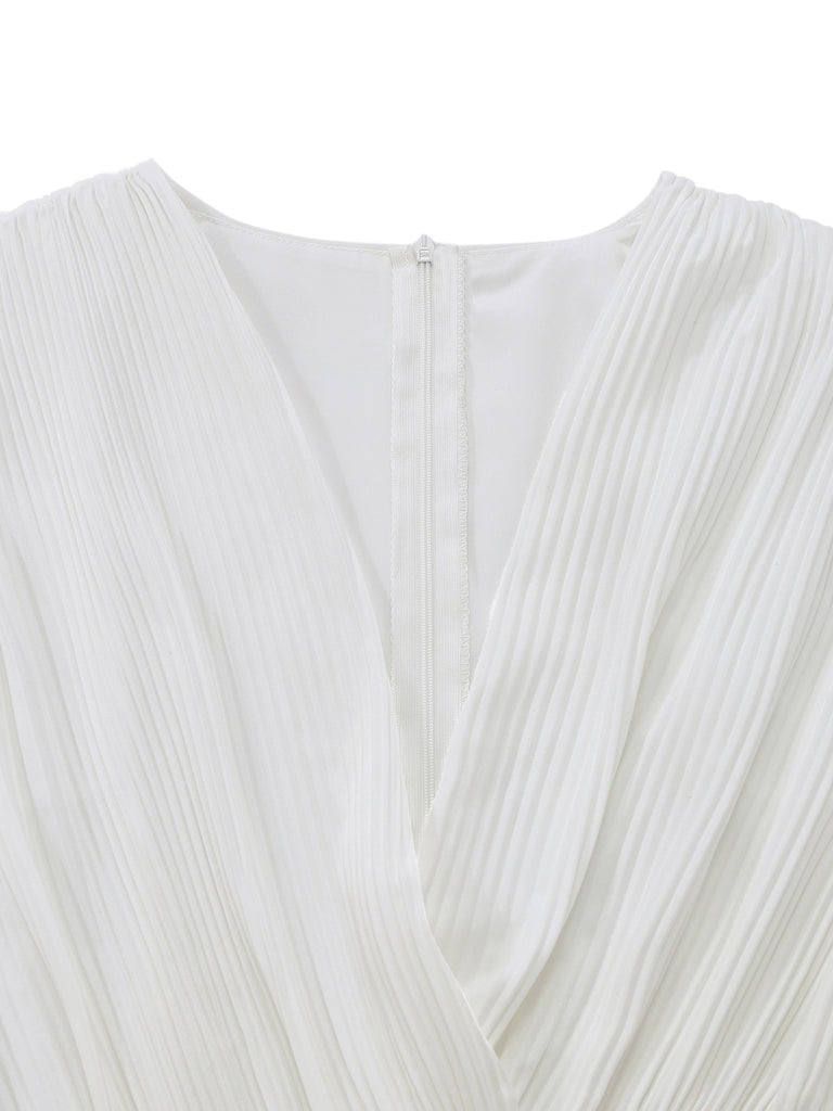 White-1930s-Watercolor-Floral-Deep-V-Pleated-Dress-Collar-Detail