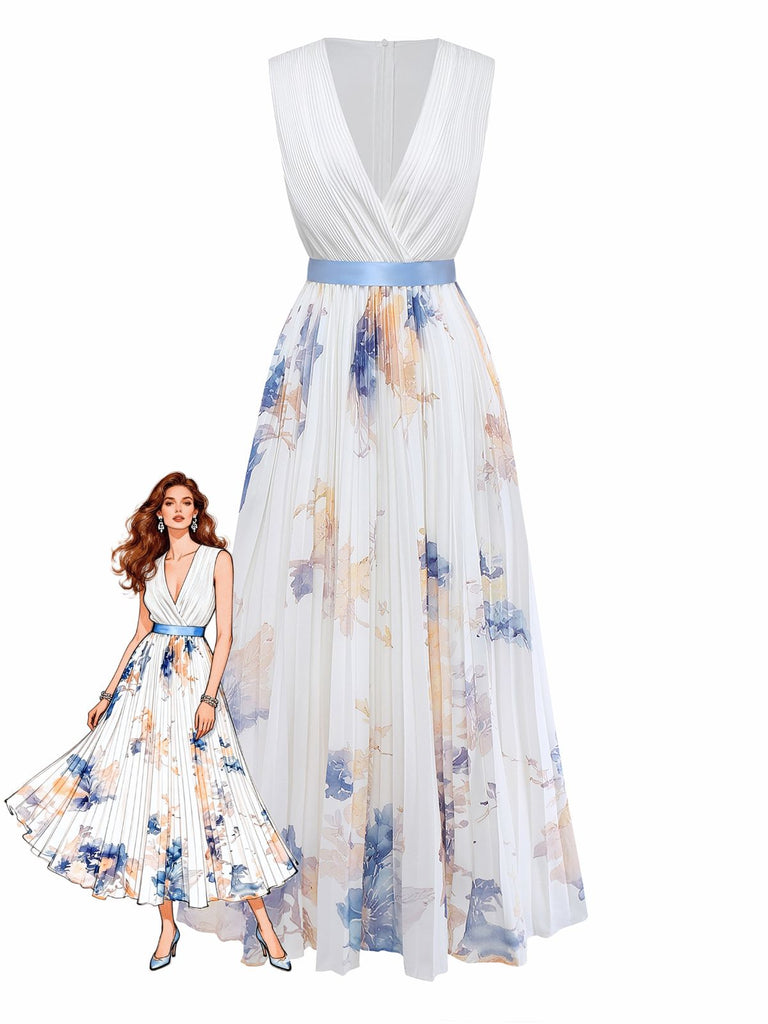 Woman wearing a white dress with blue floral pattern on a white background