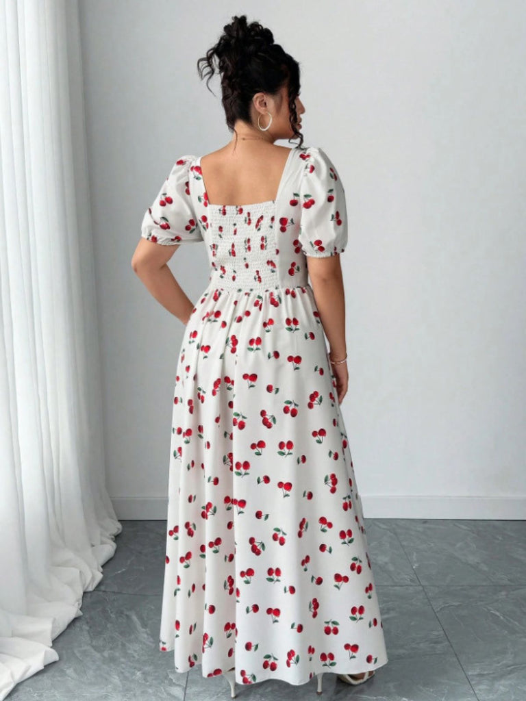 [Plus Size] White 1940s Cherry Print Slit Maxi Dress - vintage dress, retro fashion for vintage lovers