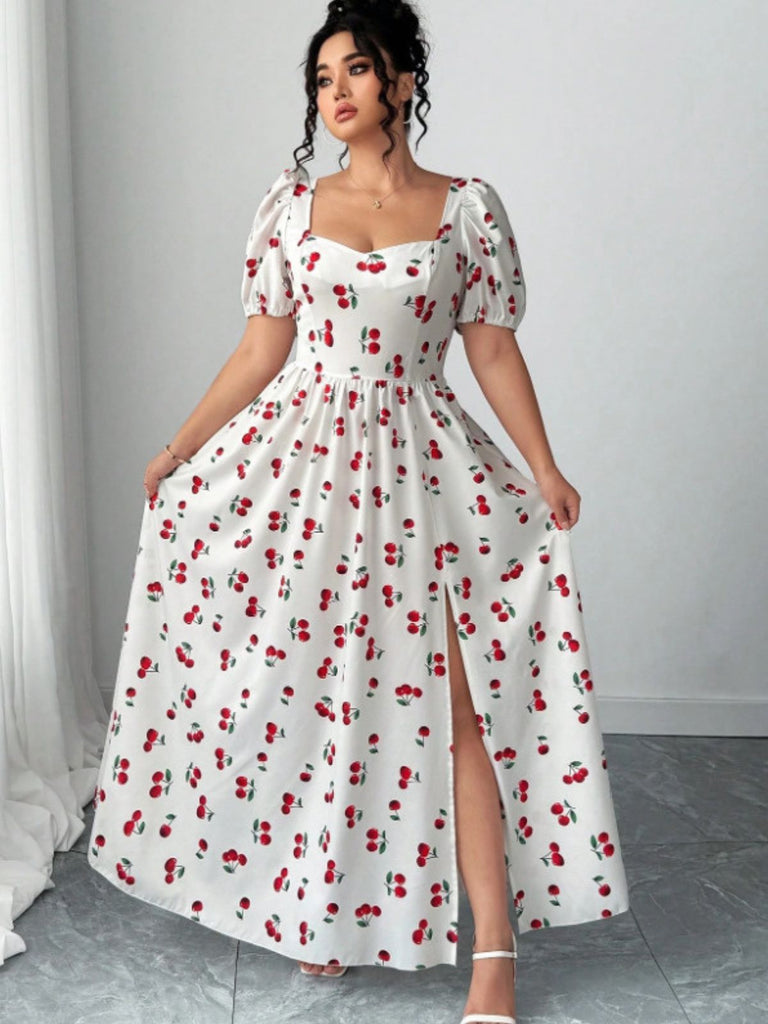 [Plus Size] White 1940s Cherry Print Slit Maxi Dress - vintage dress, retro fashion for vintage lovers