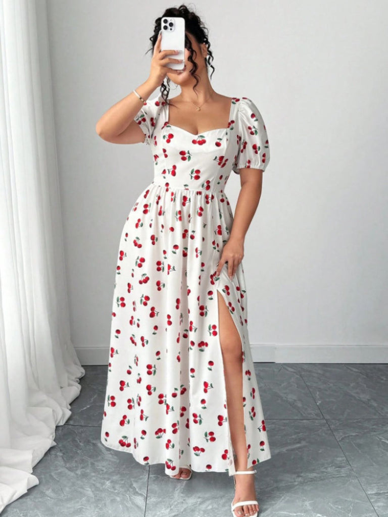 [Plus Size] White 1940s Cherry Print Slit Maxi Dress - vintage dress, retro fashion for vintage lovers