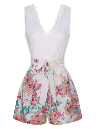 White 1940s Cotton Floral Lace V-Neck Romper, vintage romper, retro jumpsuit - perfect for women who love vintage and retro fashion