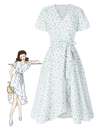 She slips into this White 1940s Cotton Slanted Tie Floral Dress and suddenly it's a 1940s daydream