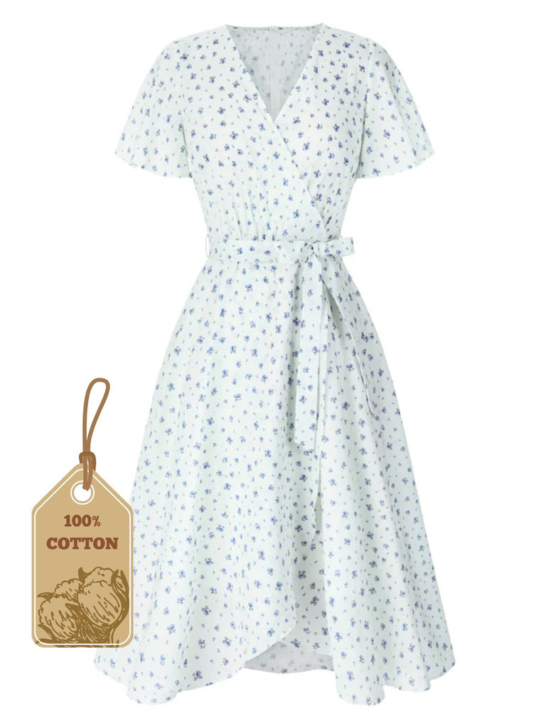 White 1940s Cotton Slanted Tie Floral Dress: where 1940s romance meets her modern spirit
