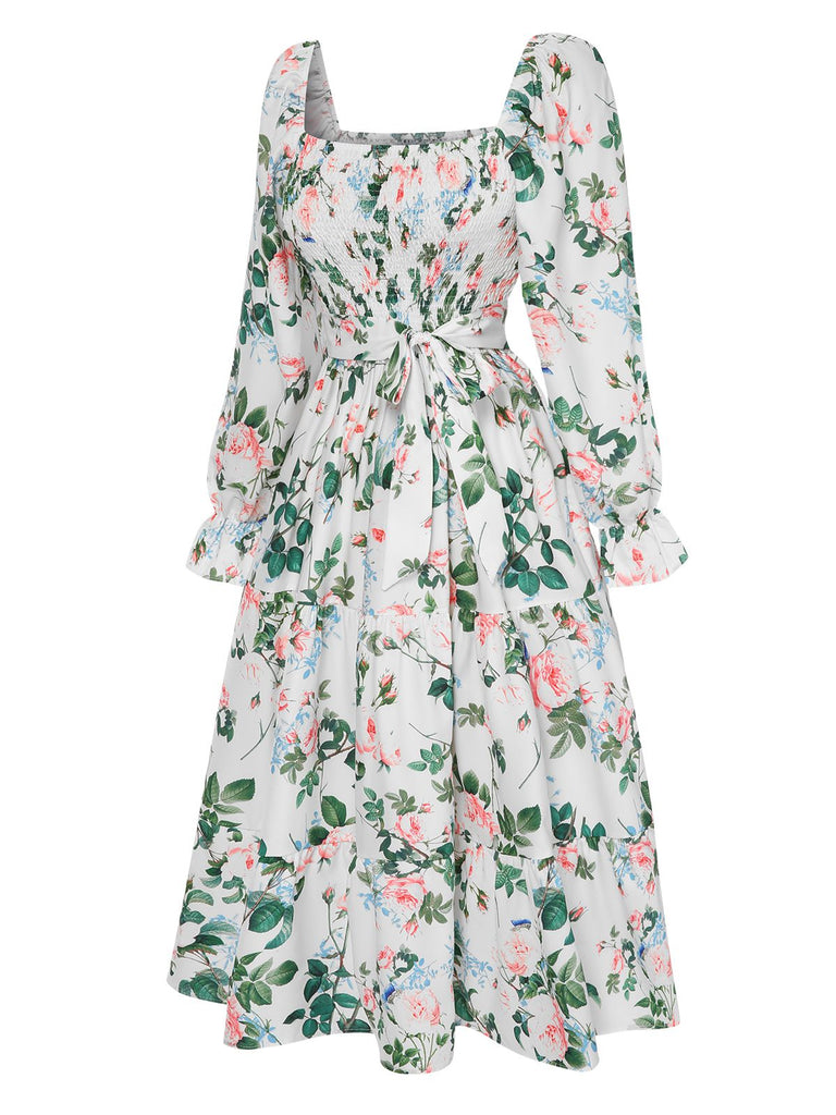 White 1940s Floral Pleated Belt Dress, vintage dress, retro fashion, floral print - perfect for women who love vintage and retro fashion