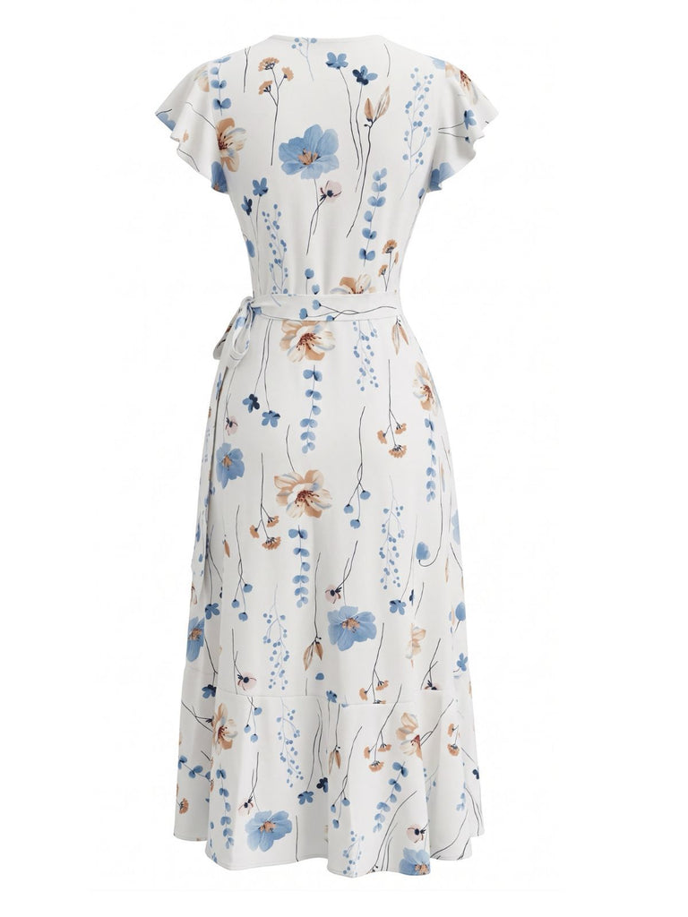 White 1940s Floral Print Flutter Sleeve V-Neck Wrap Dress, vintage dress, retro fashion, floral print - perfect for women who love vintage and retro fashion
