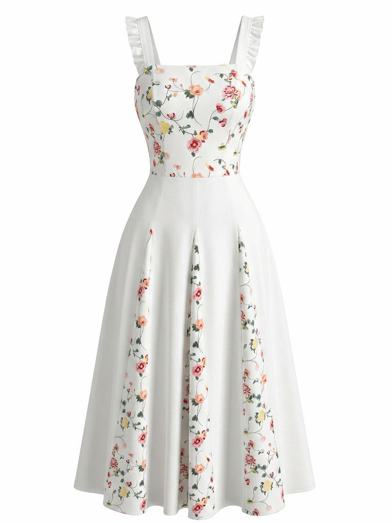 White 1940s Floral Ruffle Strap Square Neck Swing Dress - vintage dress, retro fashion, rockabilly, pin-up fashion for vintage lovers