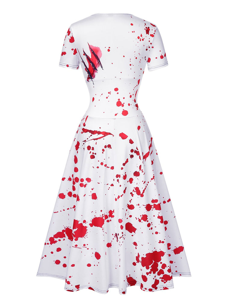 White 1940s Halloween Bloodstains V-Neck Dress, vintage dress, retro fashion - perfect for women who love vintage and retro fashion