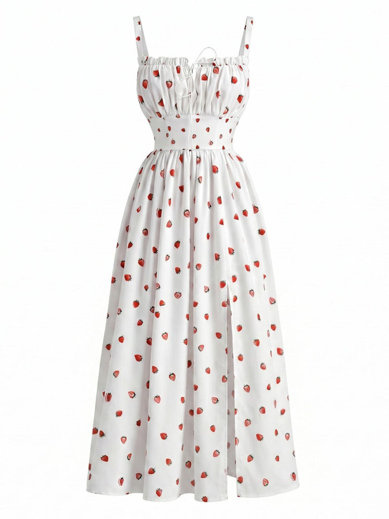 White 1940s Print Slit High Waist Midi Dress, vintage dress, retro fashion - perfect for women who love vintage and retro fashion