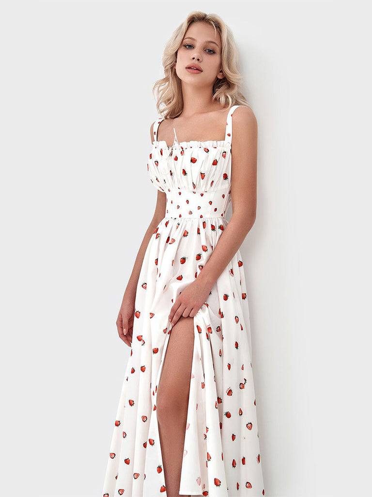 White 1940s Print Slit High Waist Midi Dress, vintage dress, retro fashion - perfect for women who love vintage and retro fashion
