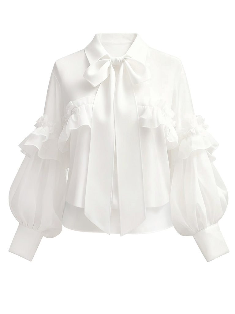 White 1940s Ruffle Lantern Sleeve Tie-Front Blouse - vintage fashion, retro style, pure white