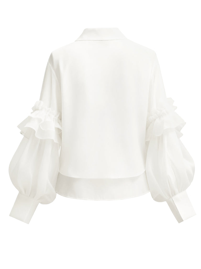 White 1940s Ruffle Lantern Sleeve Tie-Front Blouse - vintage fashion, retro style, pure white