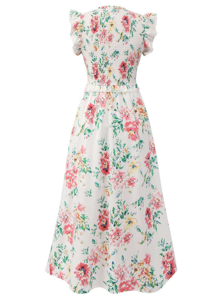 White 1940s Sleeveless Floral Ruffles Dress — vintage elegance for the modern woman