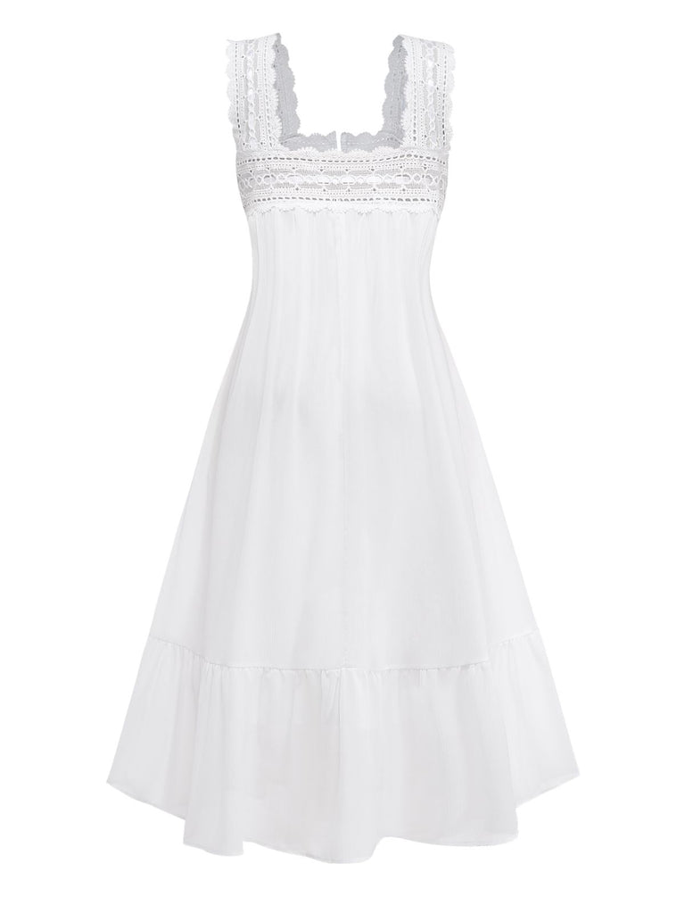 White 1940s Solid Lace Patchwork Tie Front Dress | vintage dress, retro fashion, elegant style - perfect for retro fashion enthusiasts