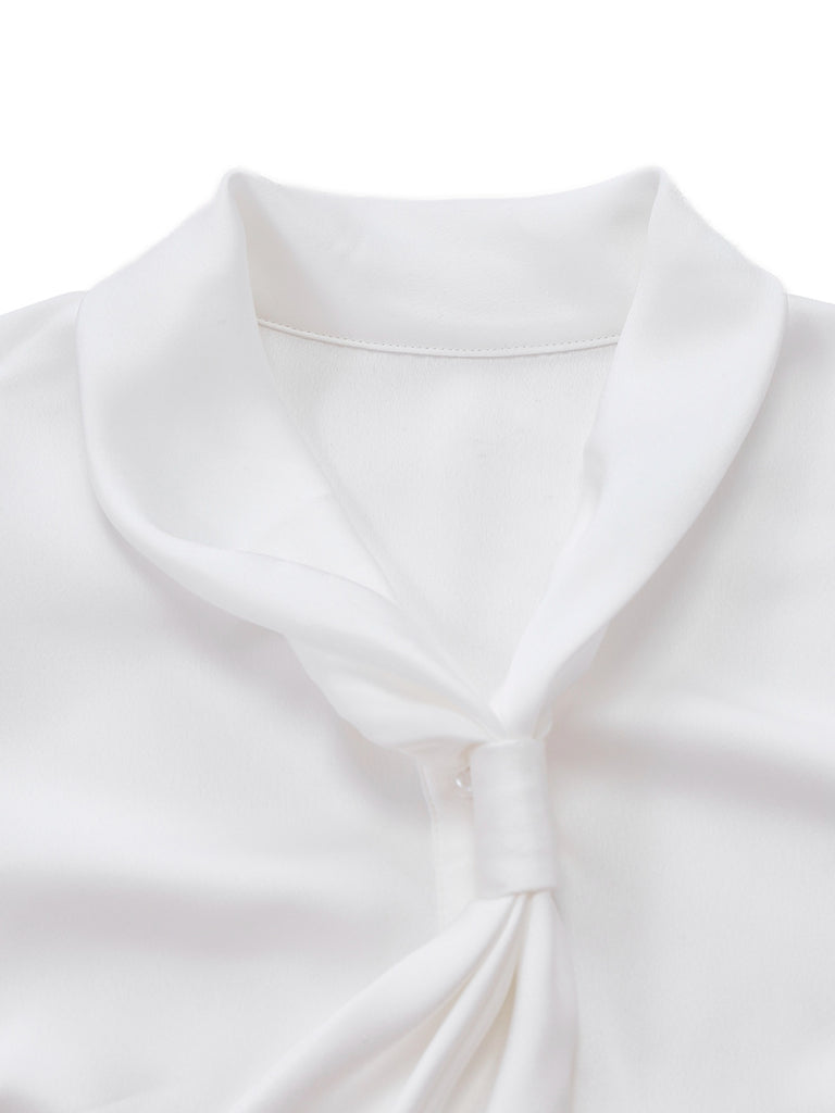 White 1940s Solid Tie Neck Satin Blouse - vintage fashion, retro style, pure white