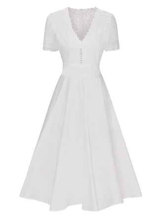 She slips into this White 1940s V-Neck Lace Patchwork Dress and suddenly it's a 1940s daydream