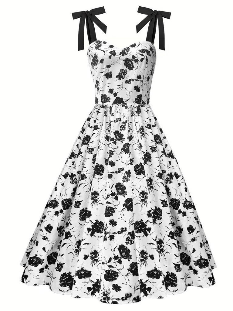 White 1950s Black Flowers Tie-Up Dress, vintage dress, retro fashion, rockabilly, pin-up fashion - perfect for women who love vintage and retro fashion