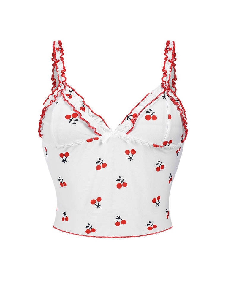 White 1950s Cherry Navel Straps Pajamas, vintage pajamas, retro nightwear - perfect for women who love vintage and retro fashion